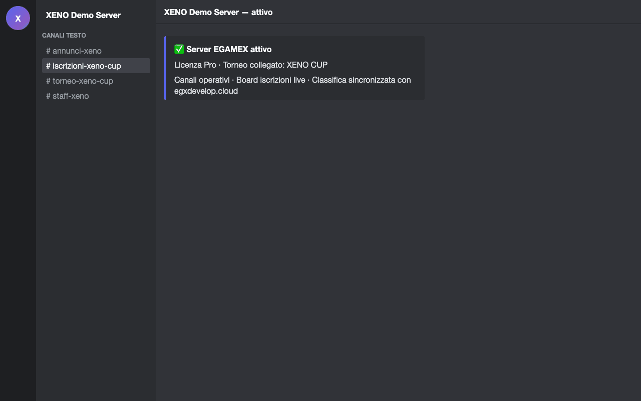 Server attivato e setup torneo XENO su Discord